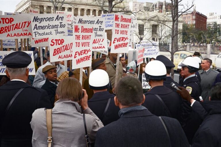 Hamster Signs - African American demonstrators outside the White House, with signs demanding the right to vote and protesting police brutality against civil rights demonstrators in Selma, Alabama